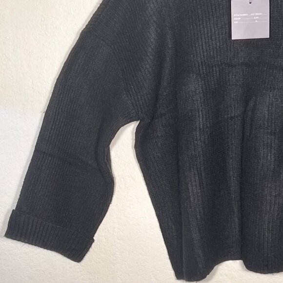 Marled Black Ribbed Knit Pullover Sweater XL Oversized Relaxed Wide Sleeves NWT - Picture 4 of 16